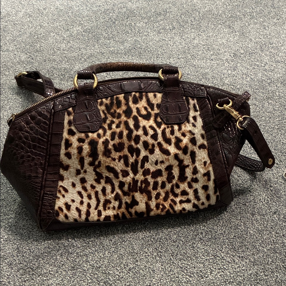 Brahmin Leopard Print Crossbody Bag with Dark Brown Accents